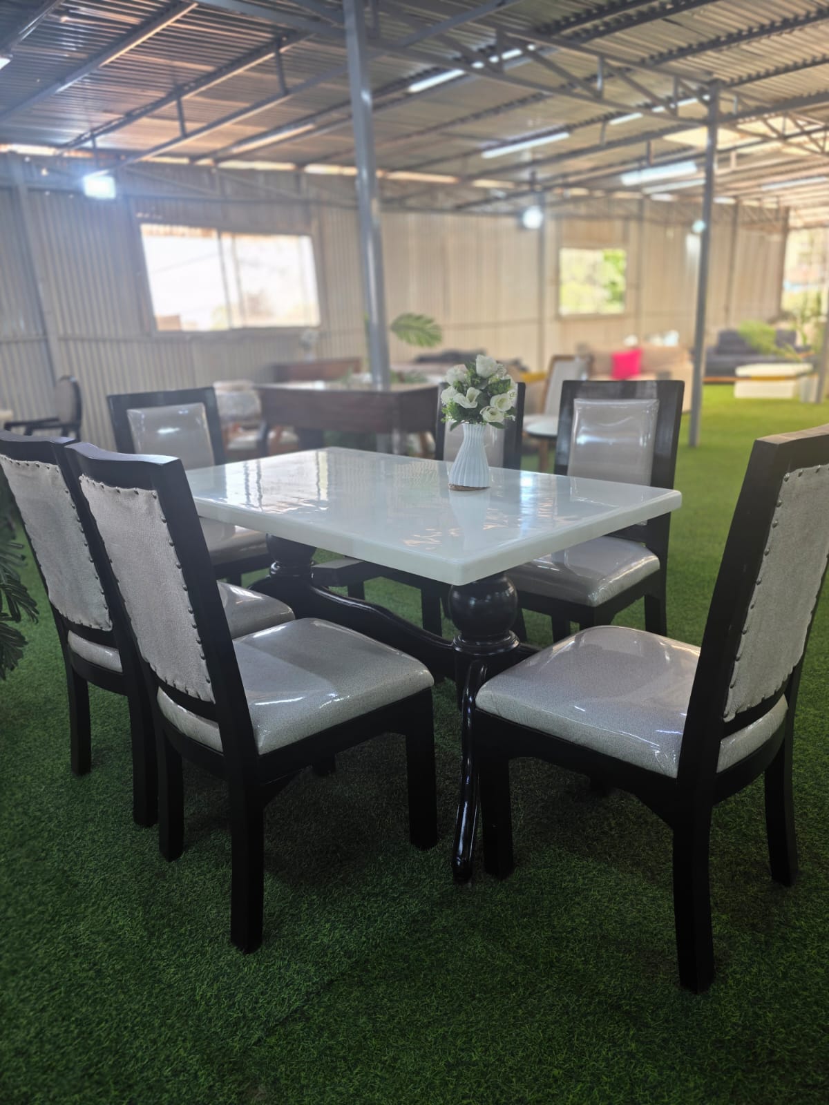 6-Seater Black Wood & White Marble-Top Dining Set