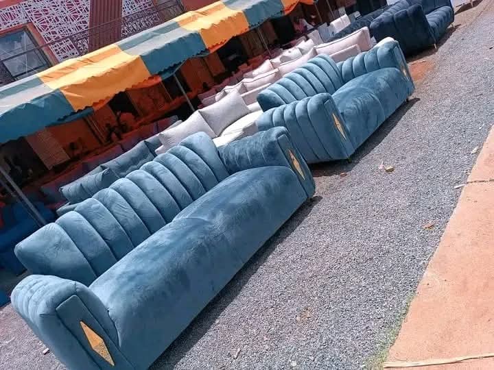 Modern Blue Channel Tufted Sofa Set