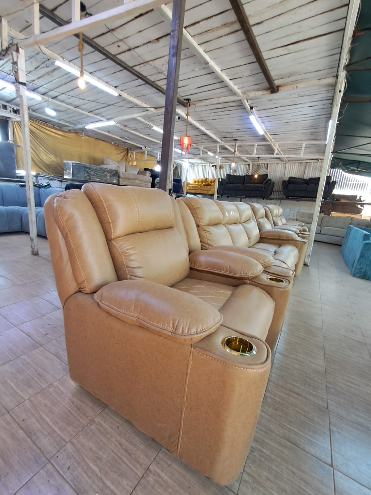 Modern Beige Leather Recliner Sofa