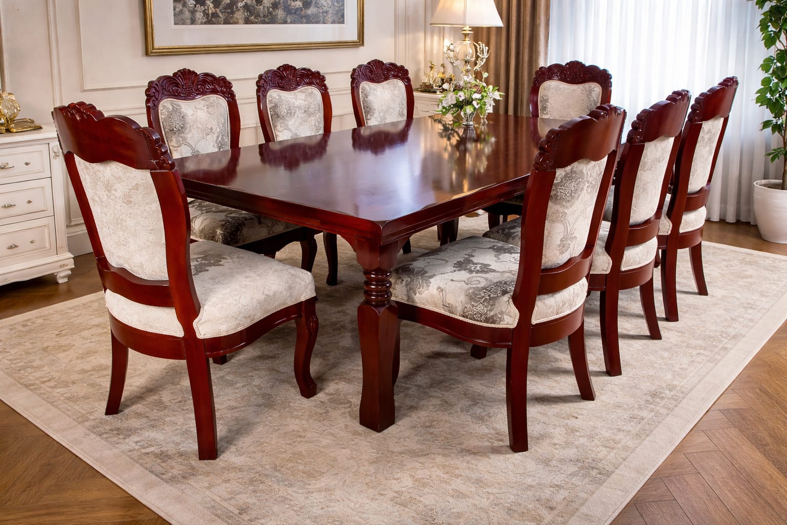 10-Seater Carved Mahogany Dining Set with Damask Upholstered Chairs