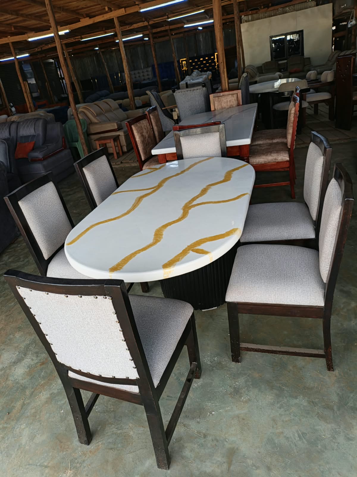 Modern 6-Seater Oval Dining Set with Marble-Style Top