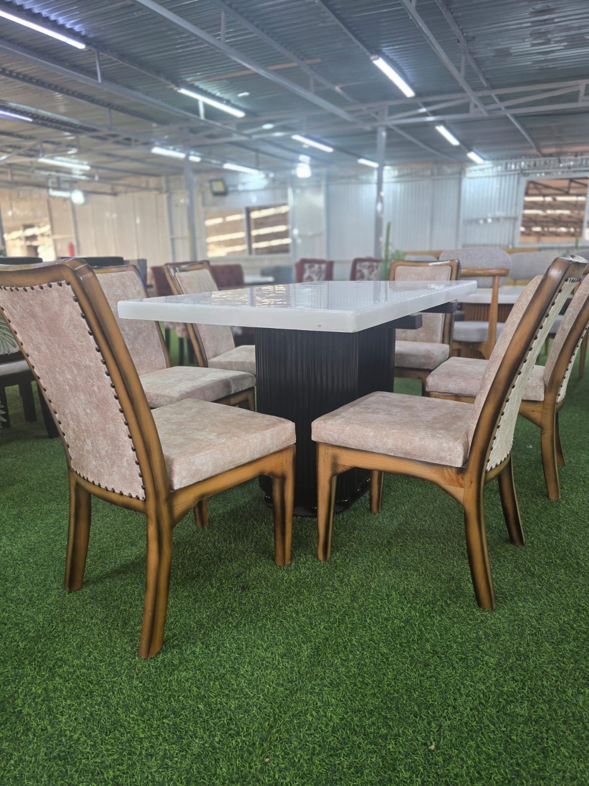 6-Seater Fluted Pedestal Dining Set with Marble Top & Blush Upholstered Chairs
