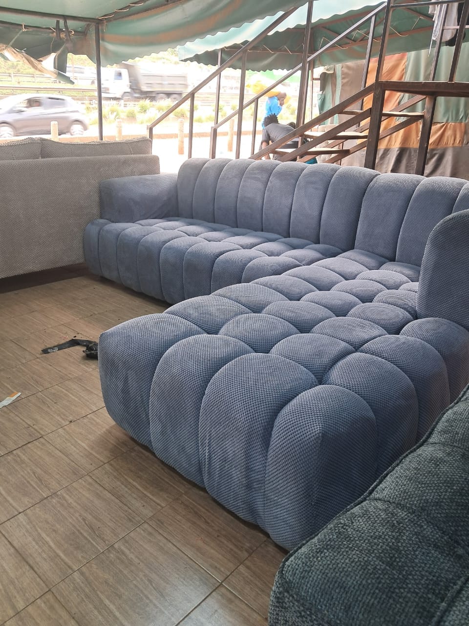 Modern Blue-Grey Textured Sectional Sofa