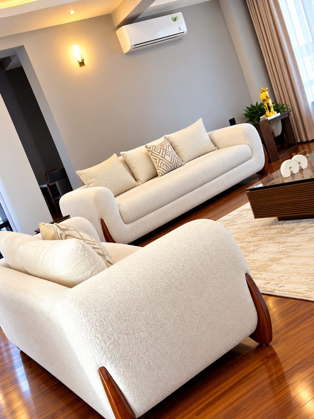 Modern Cream Bouclé Sofa Set with Wooden Accents